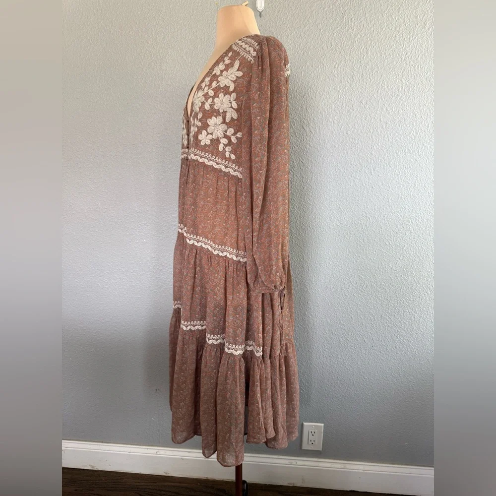 Three Bird Nest Bohemian Floral Lace Trim Maxi Dress - Dusty Rose Size Small - Picture 4 of 9